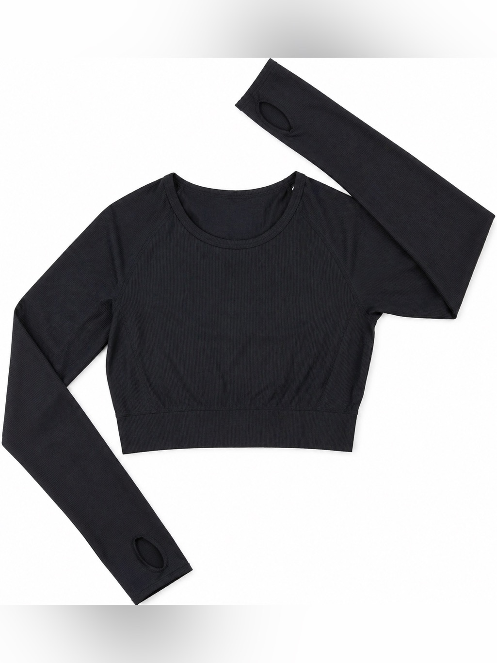 Black Ribbed Seamless Crop Top Long Sleeve Thumbhole Athletic Yoga Gym 4x